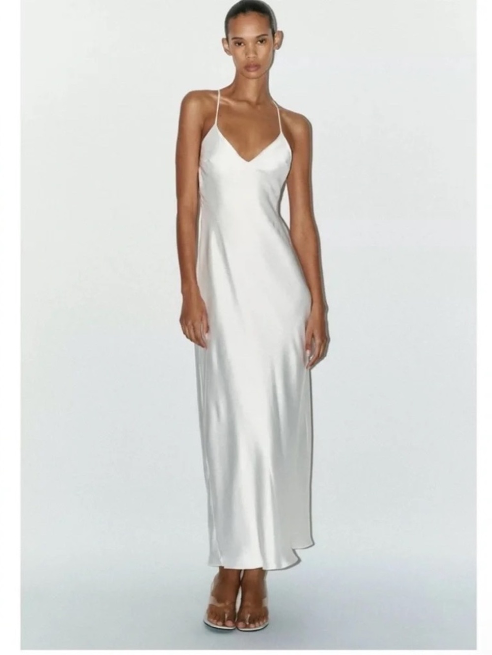 Zara Satin Midi Dress with Strappy Back White XS